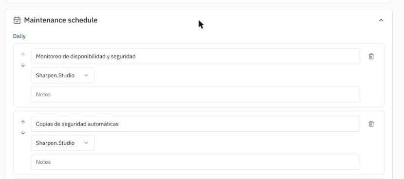 The maintenance schedule in the editor, grouped under Daily, with each task showing an owner dropdown and a notes field.