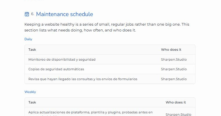 The maintenance schedule as the client sees it, a table of daily tasks with the agency named in the who does it column.