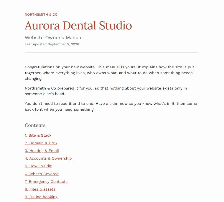 A finished client manual: the agency name, the client name, a last-updated date, a short welcome and a numbered contents list.