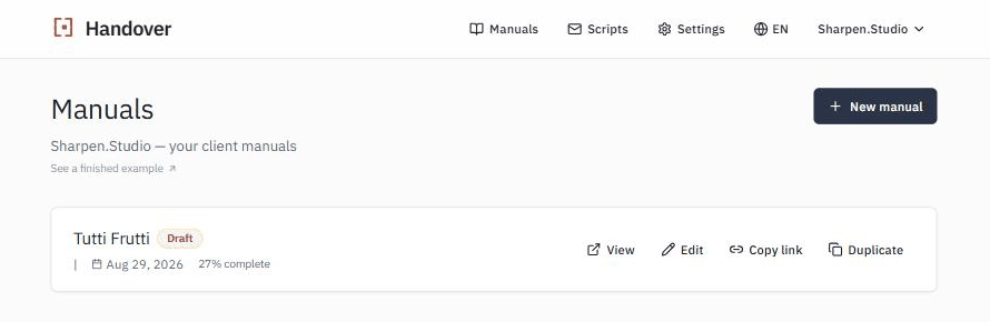The manuals list showing a client manual with a draft badge, completion percentage, and view, edit, copy link and duplicate actions.