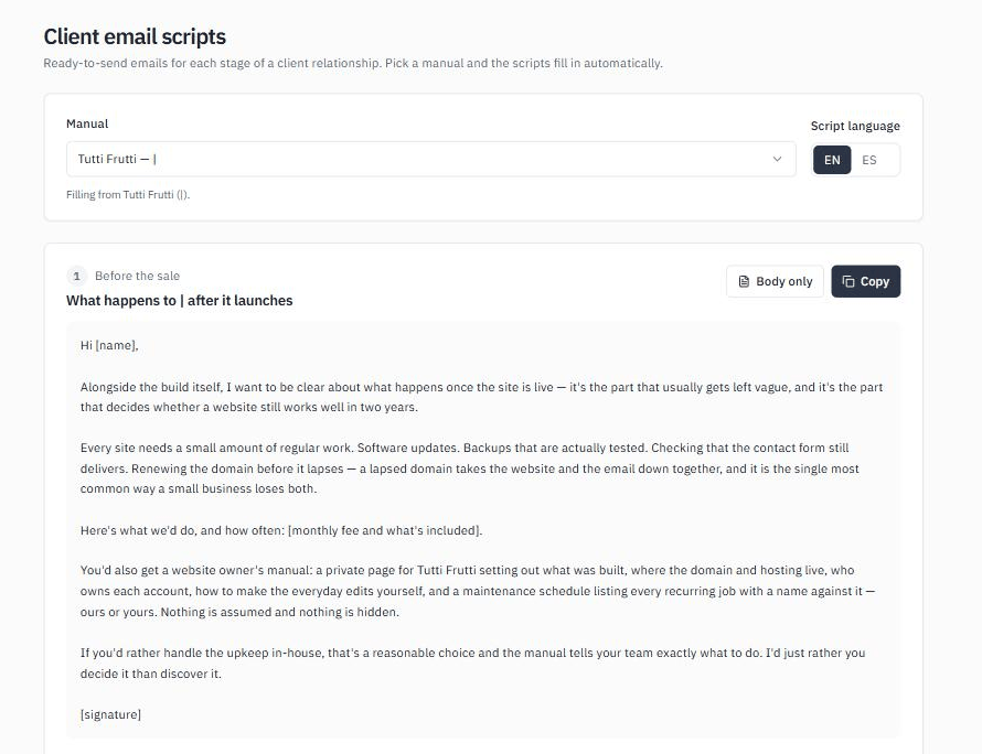 The email scripts page with a manual selected, showing the pre-sale email with the client name filled in and copy buttons.